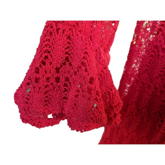 Dress Red Crochet Double Bell Sleeved Matching Liner Tagged DB VIntage Small - Picture 4 of 9